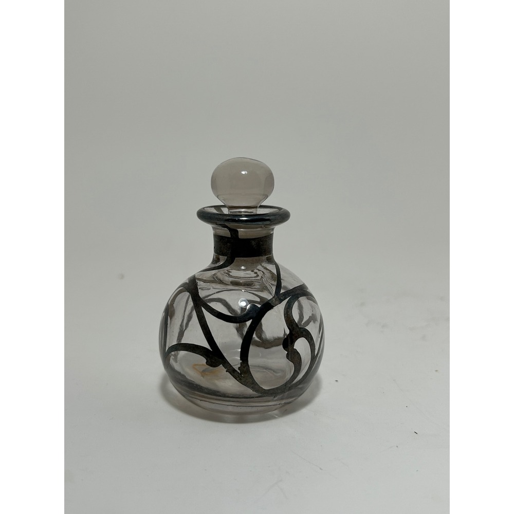 Vintage‎ Art Nouveau Silver Overlay Clear Glass Perfume Bottle with Stopper